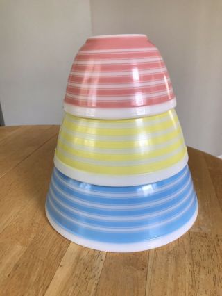 Vintage Pyrex Blue Yellow Pink Stripe Mixing Bowl 3 Pc Set 403 402 401 Euc - Htf