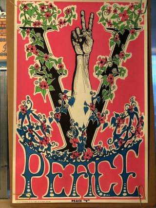 Peace Sign V Fingers Flowers Vintage Blacklight Poster Psychedelic