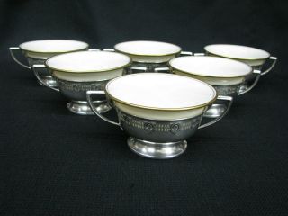 6 Rare Vintage Lenox Bouillon Soup Bowls/cups In Sterling Handled Holders; Deco