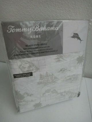 Tommy Bahama 4 - Pc Queen Sheet Set Hawaii Vintage Map White Gray Cotton Percale