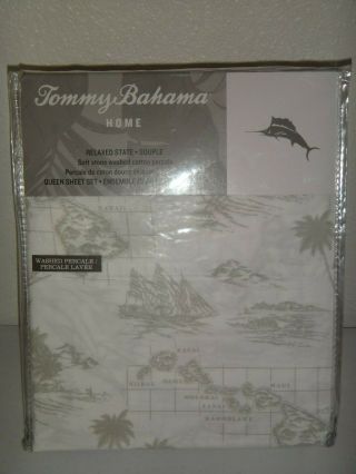 TOMMY BAHAMA 4 - PC QUEEN Sheet Set HAWAII Vintage Map White Gray COTTON Percale 4