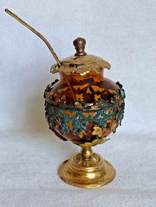 Antique German Dollhouse Miniature Ormolu & Glass Compote W Ladle 2.  5 " H