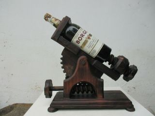Vintage Wine Bottle Holder Handmade All Wood Stand Rack Swing Adjustable Screw