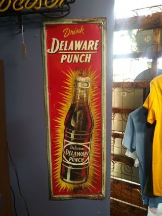 Vintage C1940 Delaware Punch Soda Pop Bottle Gas Station 39 " Embossed Metal Sign