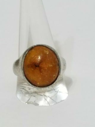 Vintage Old Sterling Silver & Amber Cabochon Ring Sz.  10.  5 Insect Inclusion