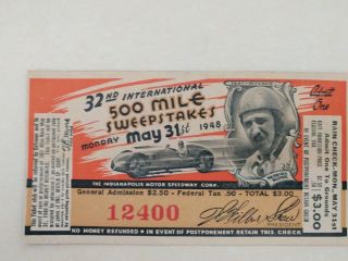 Vintage 500 Mile Sweepstakes Ticket Indianapolis Motor Speedway Mon.  May 31,  1948