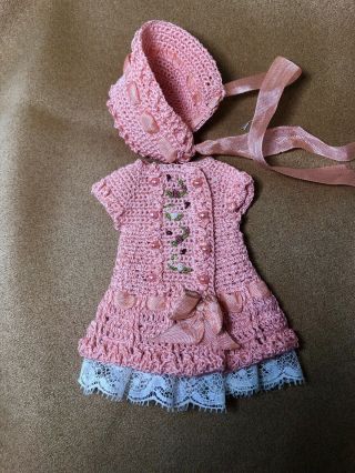 Vtg Peach Crochet Rococo Embroidery Lace Dress Set For Mignonette Dolls 7.  5 "