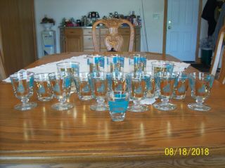 Libbey Vtg Steamboat Southern Comfort Turquoise & Gold Leaf Set Of 17 Tumblers