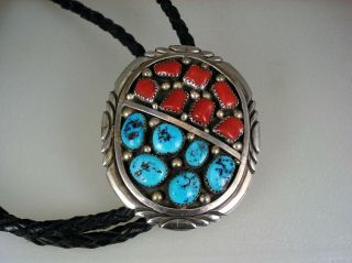Vintage M.  Nelwoot Navajo Sterling Silver & Turquoise Coral Cluster Bolo Tie