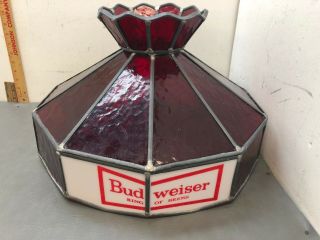 Vintage Budweiser Stained Glass Hanging Light Lamp Shade Beer 18”x12” Poker Pool