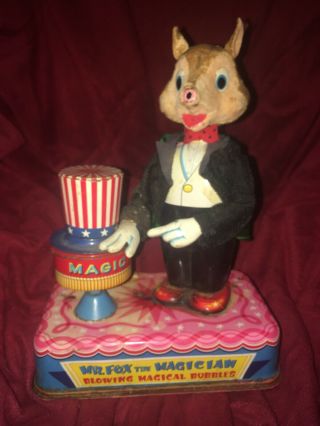 Vintage 60s Mr.  Fox The Magician Bubble Maker Tin Litho Magic Toy Japan Battery