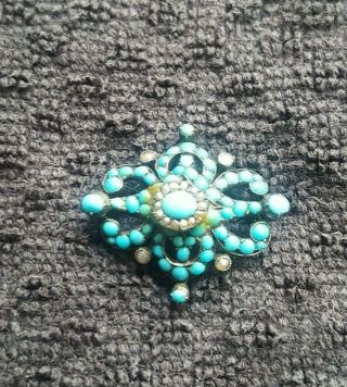 Antique Victorian Or Edwardian Silver & Turquoise Stone Brooch Pin