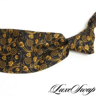 Vintage Gianni Versace Made In Italy Navy Crepe Gold Floral Baroque Silk Tie Nr