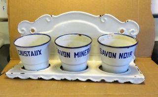 Great Vintage French Enamel Laundry Soap Rack 3 Soap Cups On Bracket - Rare
