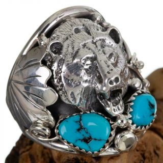 Navajo Turquoise Ring Sterling Silver " Grizzly Bear " Biker Mens J Saunders 11