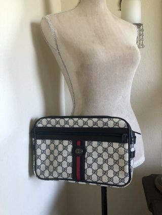 Vintage Gucci Clutch Bag Blue And Red Monogram Strap Broken/missing