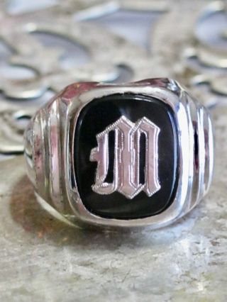 Vintage Art Deco Sterling Silver Initial Mens Boys Ring Gothic Letter M Size 5