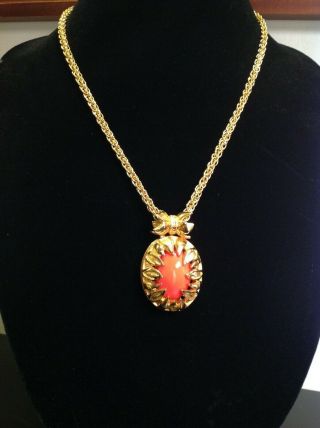 Fendi Rare Gold Leaf & Lg.  Coral Cabochon Necklace Vintage 90 