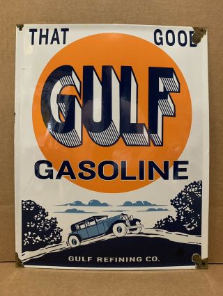 Vintage Porcelain Gulf Gasoline Sign Motor Plate Gas Pump That Good Mountain Car