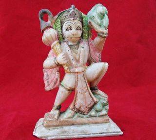 Vintage Old Hand Carved Painted White Marble Hindu God Hanuman Sculpture Statue