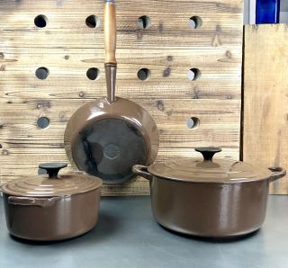 Le Creuset Vintage 3 Cast Iron Brown Pots Pan Quality Kitchenware 2