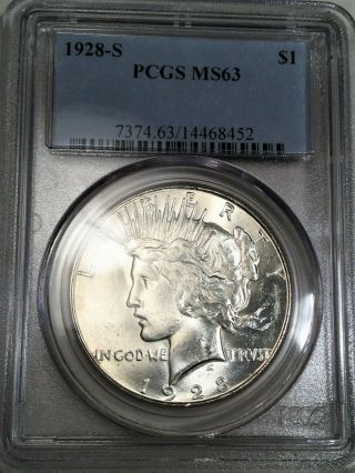 1928 - S Peace Dollar Pcgs Ms63 Coin Rare Date
