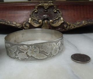 Art Deco Vintage Sterling Silver Very Heavy Floral Round Bangle Bracelet 2