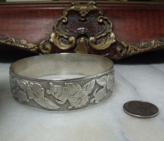 Art Deco Vintage Sterling Silver Very Heavy Floral Round Bangle Bracelet 4