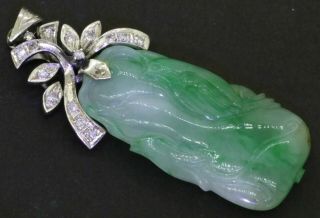 Vintage 18k Wg 0.  22ct Diamond Carved Jadeite Jade Floral Bird Pendant