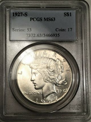1927 - S Peace Dollar Pcgs Ms63 Coin Rare Date