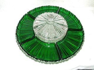 Vtg Anchor Hocking Lazy Susan Forest Green Old Cafe w/ RARE 2 Piece Glass Swivel 3