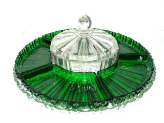 Vtg Anchor Hocking Lazy Susan Forest Green Old Cafe w/ RARE 2 Piece Glass Swivel 7