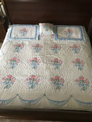 Vintage Arch Quilt Set 2 Shams & Pillow Flower Bouquet - Pink & Blue Queen/full