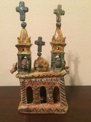 Vintage Mexican Folk Art Pottery Clay Church Steeple Crosses Birds 14 1/2 "