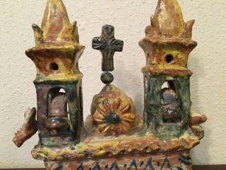 Vintage Mexican Folk Art Pottery Clay Church Steeple Crosses Birds 14 1/2 