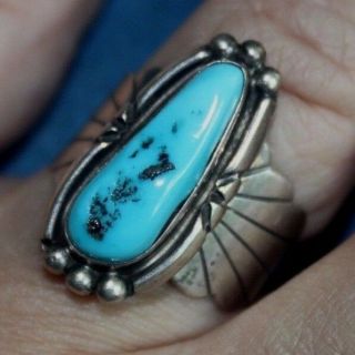 Vintage Navajo Indian Sterling Silver Size 8.  5 Vivid Blue Turquoise Ladies Ring