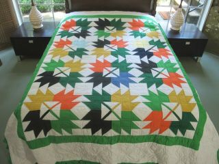 Queen Vintage All Cotton Hand Pieced,  Nicely Hand Quilted Maple Leaf Quilt Good