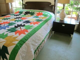 QUEEN Vintage All Cotton Hand Pieced,  Nicely Hand Quilted MAPLE LEAF Quilt Good 2
