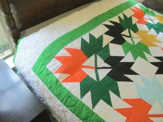 QUEEN Vintage All Cotton Hand Pieced,  Nicely Hand Quilted MAPLE LEAF Quilt Good 4