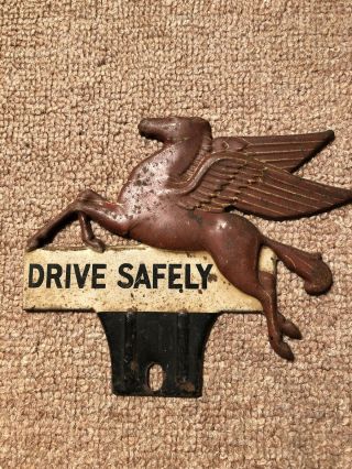 Vintage Mobil Oil Pegasus License Plate Topper Drive Safely