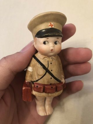 Darling Rare Antique Kewpie Type All Bisque WWI Soldier Medic Doll Googly Eyes 3