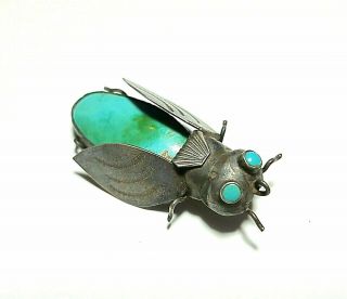 Vintage Insect Bug Brooch Pendant Turquoise Silver Southwestern Jewelry Patina