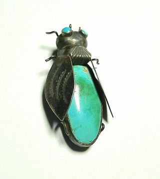 Vintage Insect Bug Brooch Pendant Turquoise Silver Southwestern Jewelry Patina 3
