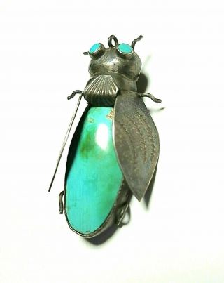 Vintage Insect Bug Brooch Pendant Turquoise Silver Southwestern Jewelry Patina 4