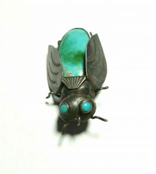 Vintage Insect Bug Brooch Pendant Turquoise Silver Southwestern Jewelry Patina 5