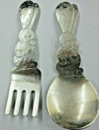 Allan Adler Mid Century Hammered Sterling Bunny Rabbit Spoon & Fork Baby Set