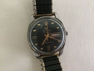 Vintage 1970 ' s Wittnauer Geneve Automatic Watch Black Dial Day & Date 2