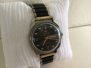 Vintage 1970 ' s Wittnauer Geneve Automatic Watch Black Dial Day & Date 5