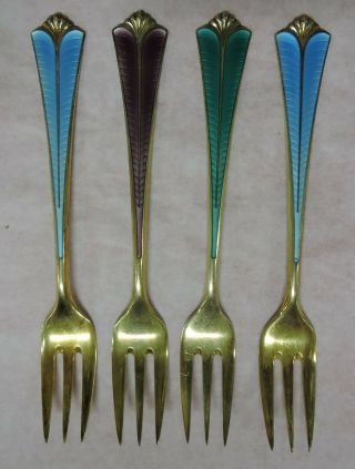 4 Vtg David Andersen Norway Sterling Guilloche Enamel Dessert Forks