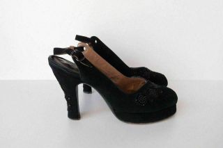 1940s Vtg Pandora Studded Black Suede Leather Shoes Peep Toe Platform Heels 6.  5